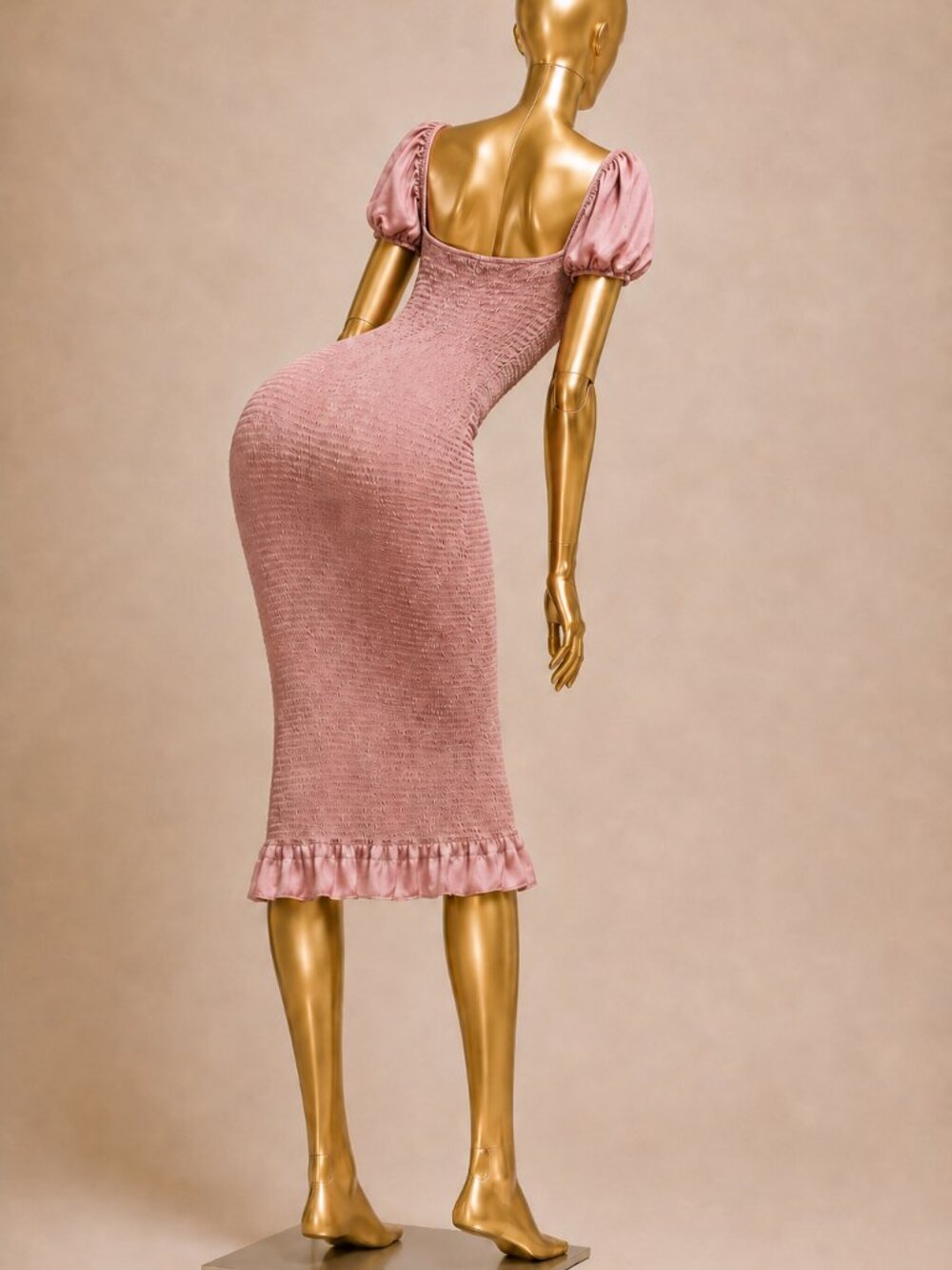BLUSH Dusty Rose Smocked Puff Sleeve Midi Dress Size L - Picture 3 of 9